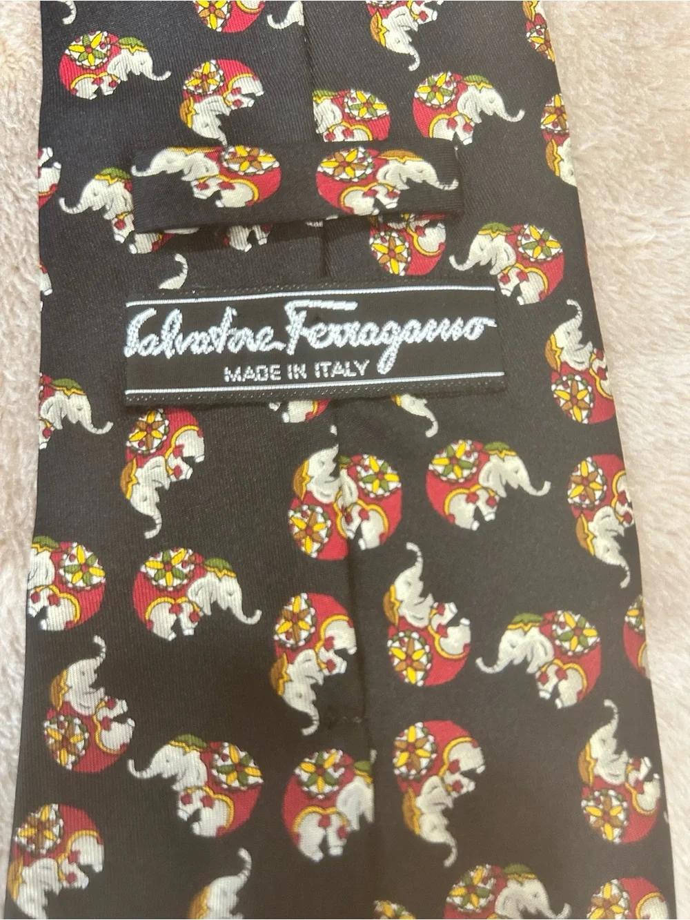 Salvatore Ferragamo Elephant Print 100% silk Tie Black Italy Designer whimsical